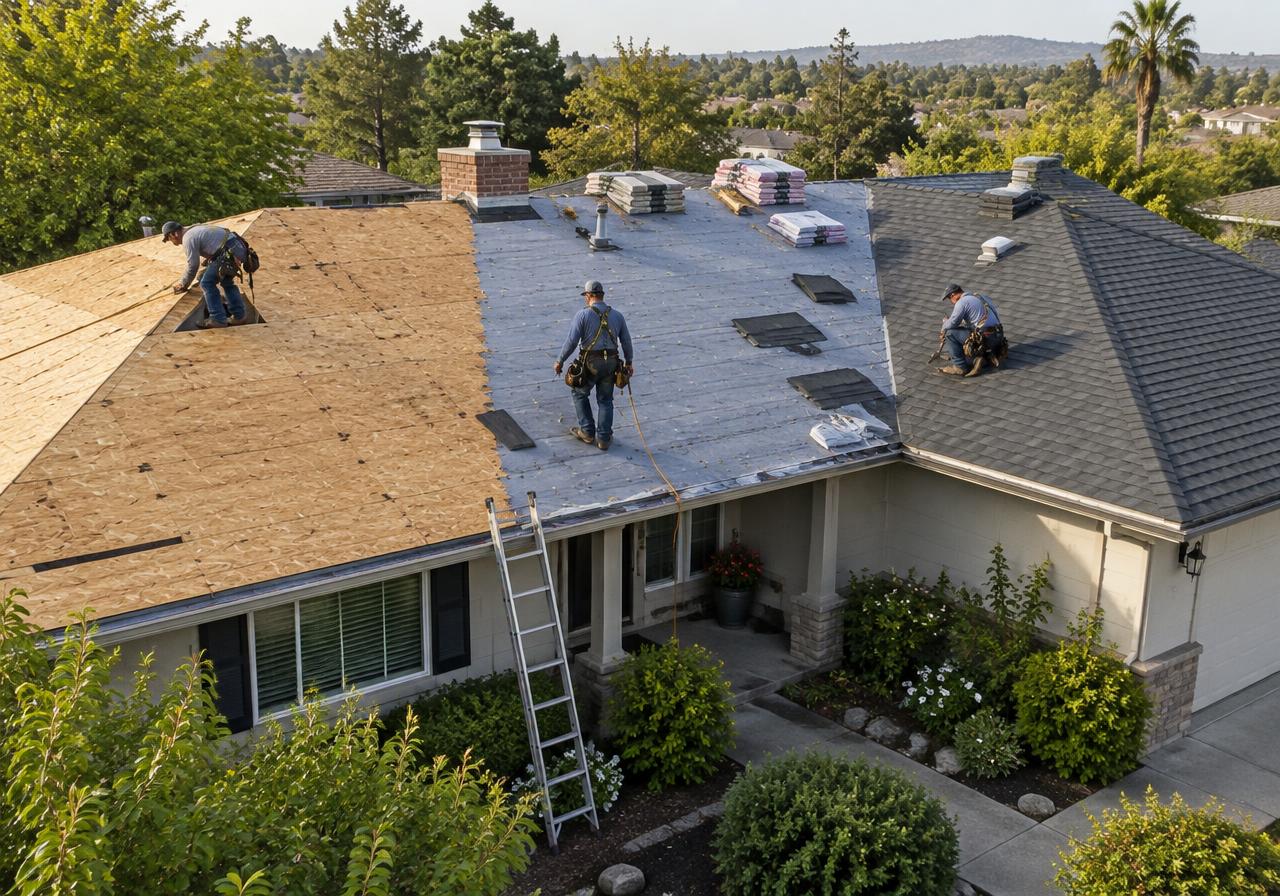Roof replacement in progress, from bare deck to new shingles