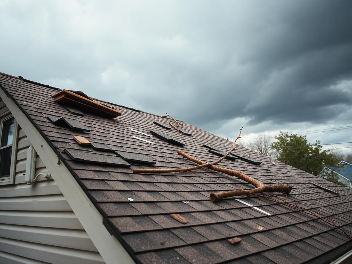 Wind-damaged residential roof after a storm