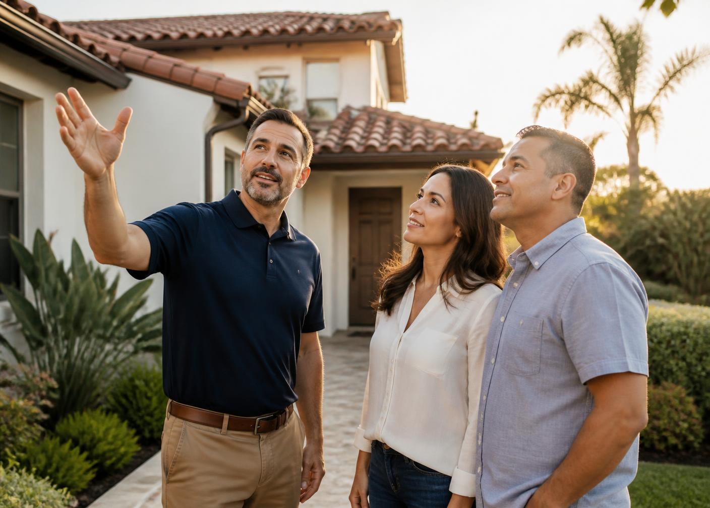 Roofing professional talking with homeowners outside their Southern California home