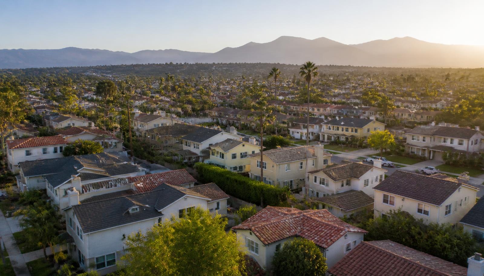 Aerial view of a Southern California residential neighborhood at sunset