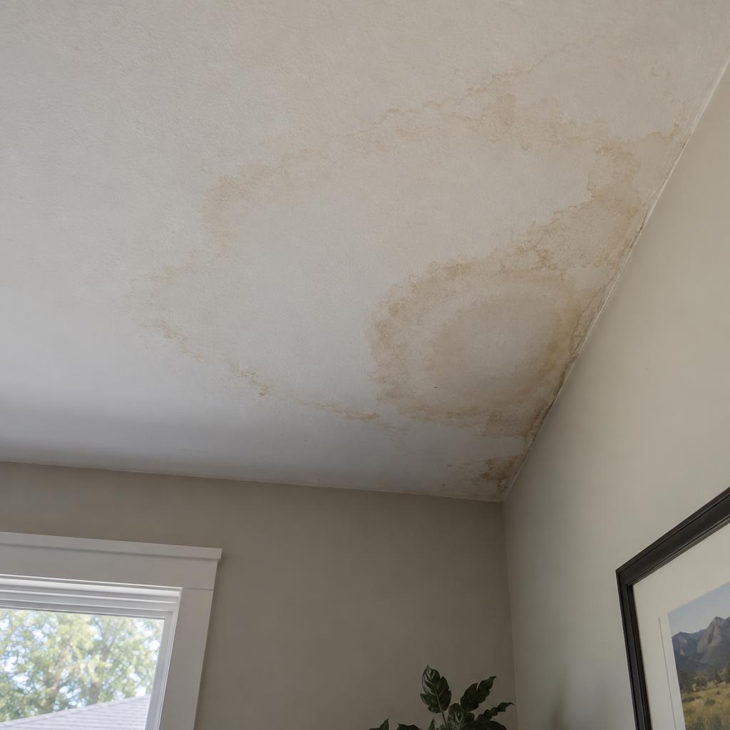 Brown water stain spreading across a residential ceiling from a roof leak
