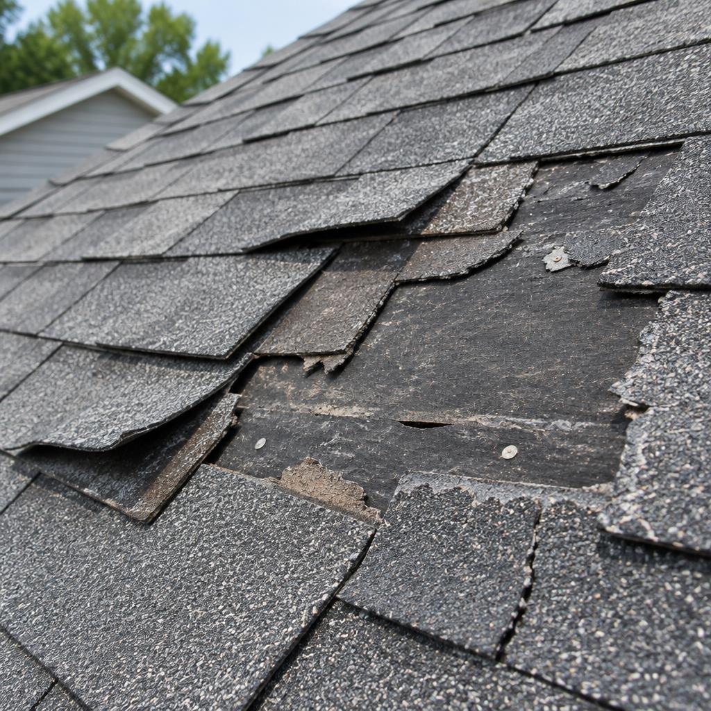 Cracked and missing asphalt shingles on a residential roof